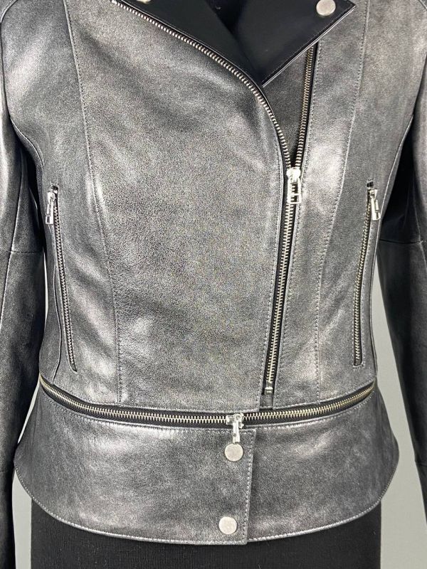 Куртка женская модель 542.1 кожа серая "старая Америка"/черн.воротник